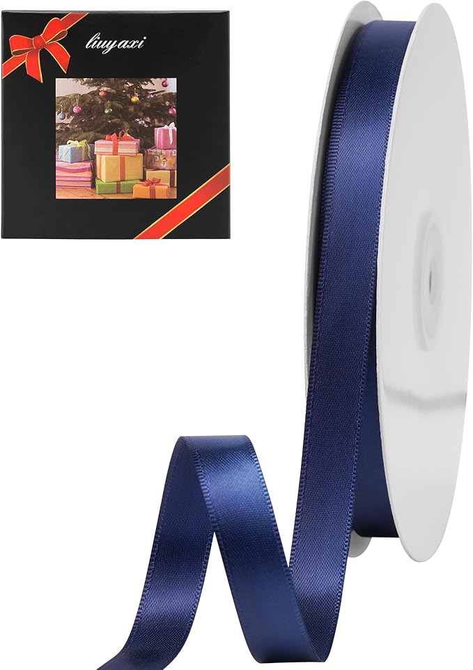 LIUYAXI Navy Blue Stain Ribbon, 5/8" X Continuous 50 Yards, Double Faced Fabric Ribbon Perfect for Gift Wrapping Wedding Birthday Party Christmas Hair Floral Craft Baby Shower