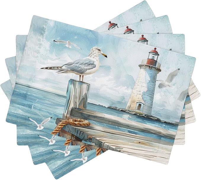 Lighthouse Seagull Placemats Set of 4 Washable Table Mats Ocean Nautical Coastal Heat-Resistant Cotton Linen Place Mats for Dining Table Kitchen Indoor Outdoor Party Holiday Decor