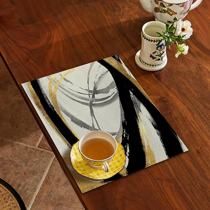 Abstract Black White and Gold Placemats Set of 4, Modern Contemporary Placemats Table Mats Place Mats for Kitchen Dining Table Winter Holiday Party Decoration 16.9x11.4 Inch
