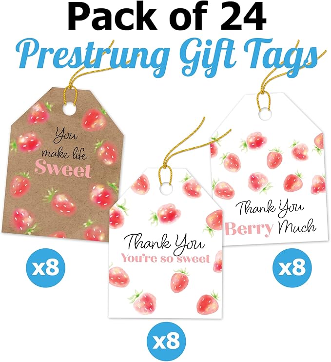 Pro Supply Global 24 Count of 2.5 Inch x 3 Inch Pre Strung Strawberries Gift Tag Assorted Printed Designs on Large Cardstock Gift Hang Tags - Ideal to Use on Bags