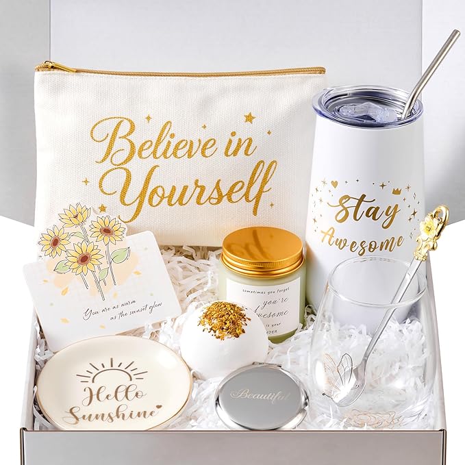 Birthday Christmas Inspirational Gifts for Women, Encouragement Gifts Basket, Stay Awesome Tumbler, Self Care Package Get Well Soon Gift for Her, Mom, Teacher, Sister, Friend, Golden Xmas Gift Ideas