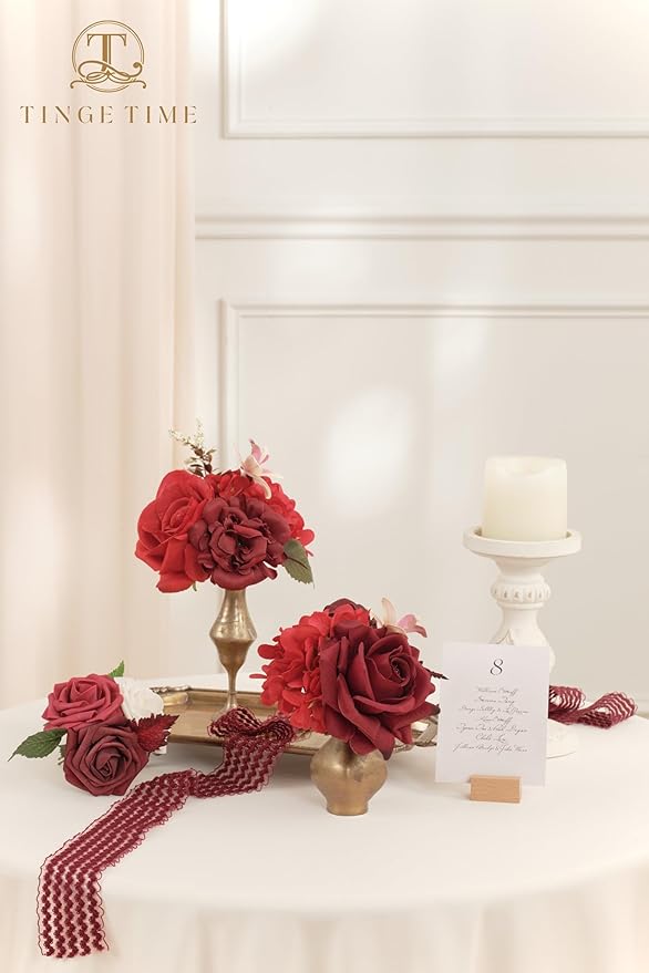 TINGE TIME Artificial Flowers Combo Mix Silk Flowers Red Roses w/stem for DIY Wedding Bridal Bouquets Baby Shower Floral Arrangement Table Centerpieces Home Decorations (Burgundy)