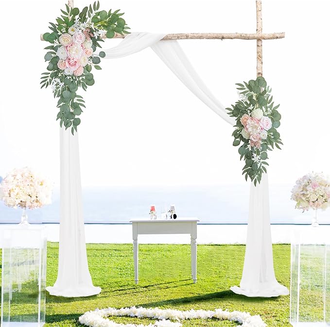 ponatia Artificial Wedding Arch Flowers with 26Ft Arch Draping Fabric, Pink Wedding Flowers for Wedding Welcome Signs Floral Decorations and Wedding Reception Ceremony Decor (Blush Pink & Ivory)