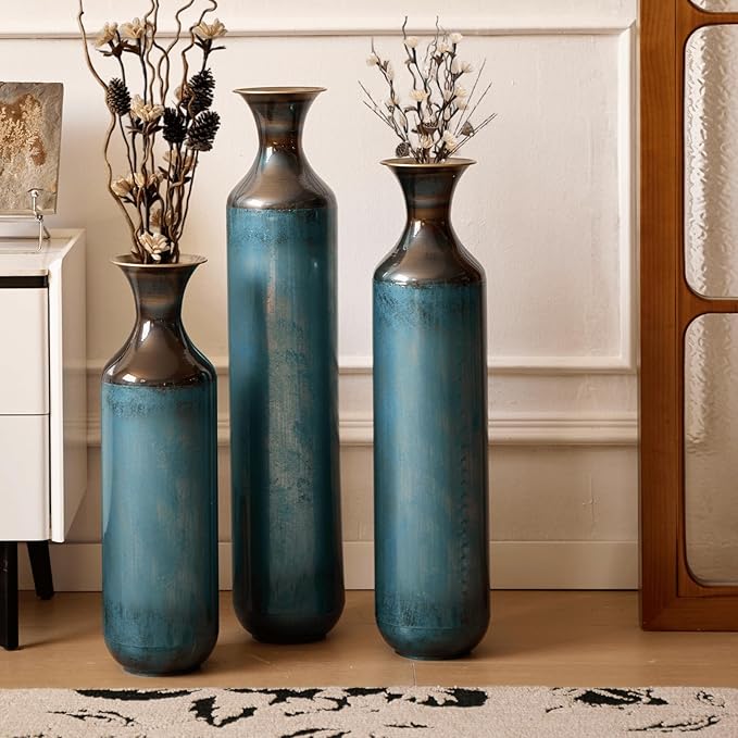 Set of 3 Large Floor Vases, Modern Aqua Blue Metal Vases for Home Decor, Glazed Decorated Tall Vases 20.4 24.4 28.3 Inch for Wedding Living Room
