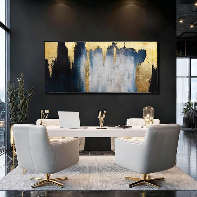 Modern Abstract Blue and Gold Framed Wall Art 32x70 Extra Large Canvas Painting Contemporary Artwork for Living Room Office Decoration