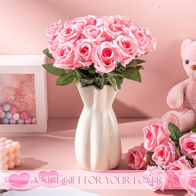 Hotop 120 Pcs Roses Artificial Flowers in Bulk,Long Stem Artificial Flower Bouquet,Silk Real Touch Fake Rose for Wedding Party Table Centerpieces Decor Valentines Gifts(Bright Pink)