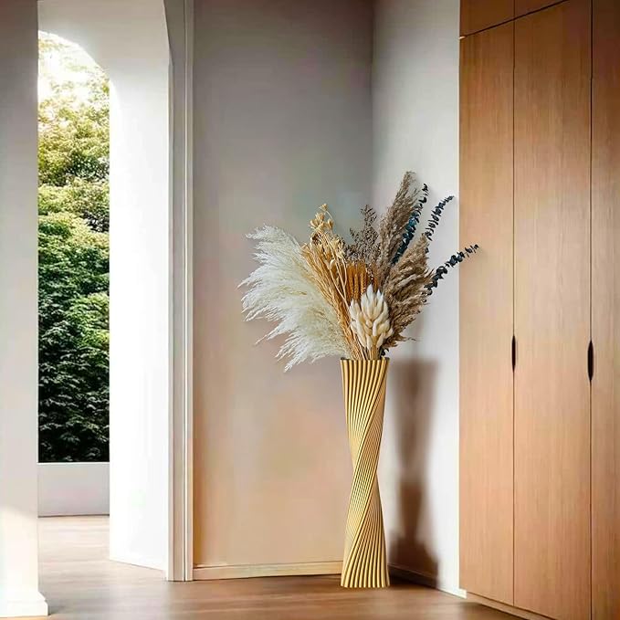 23.6" (60cm) Tall Gold Floor Vase for Pampas Grass, Floor Vases for Modern Geometry Decor - Minimalist Skinny Unique Shape Flower Vase for Farmhouse Entryway, Fireplace,Shelf