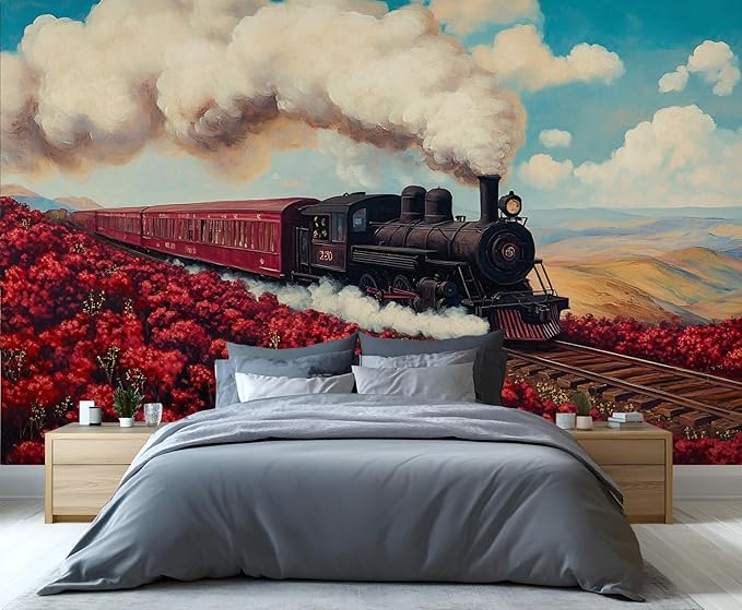 Vintage Train Wall Mural, Steam Engine Landscape 3D Wall Murals, Train Through Flower Field Wallpaper Mural, for Living Room Bedroom Large Wallpaper Indoor Decor 118" W x 82.6 "H