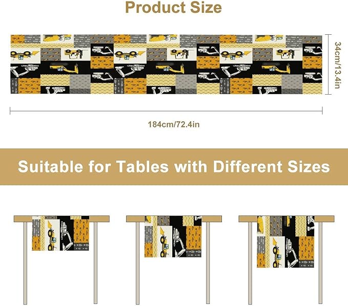 Excavator Table Runner,Boys Kids Construction Vehicles Equipment Trucks Cartoon Car Tablecloth Burlap for Hotel Indoors Outdoor Dining Room Kitchen Holiday Party, 13x60in