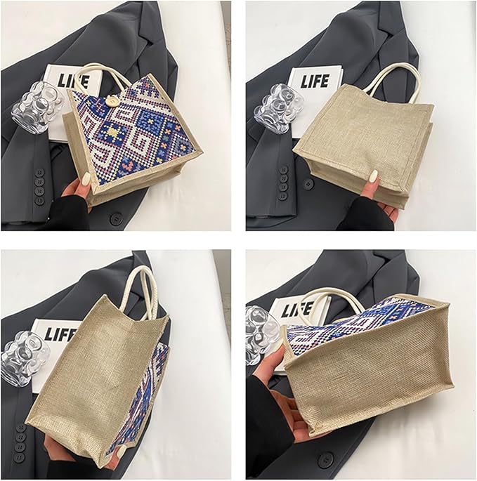 Women Tote Bag,2Pcs Jute Casual Tote's Handbag Embroidered Personalized Bento Bag,Reusable Grocery Bags Shopping Bags