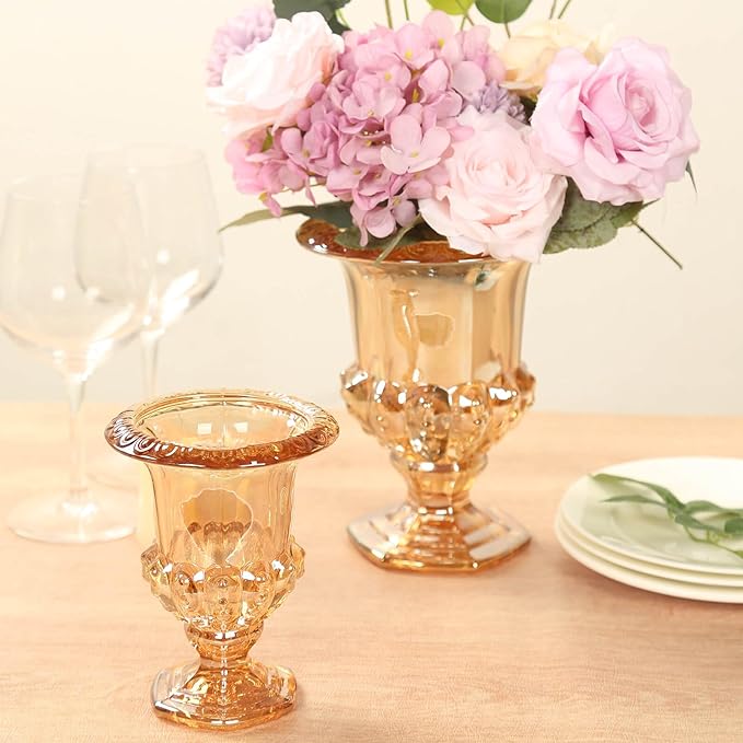 Efavormart 2 Pack Amber Gold Glass Flower Vases in Classic Roman Urn Style, Mini Pedestal Vase Table Centerpieces - 8"