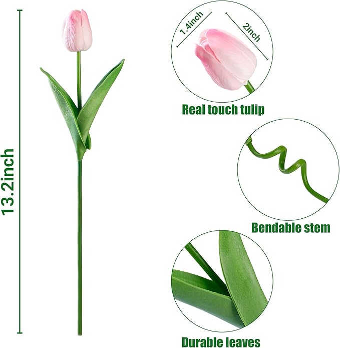 Sggvecsy 15 Pcs Fake Tulips Artificial Flowers Real Touch PU Faux Flowers Tulip Stems for Wedding Spring Bouquet Floral Arrangement Home Party Office Decorations for Mother's Day (Light Pink)
