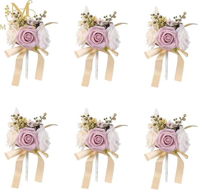Meldel Set of 6 Wedding Flowers Fake Rose Mini Bridesmaid Bride Bouquets Dusty Pink Ivory Small Floral Wedding Centerpieces Decor Artificial Flower Arrangements for Tables Home Party Decorations