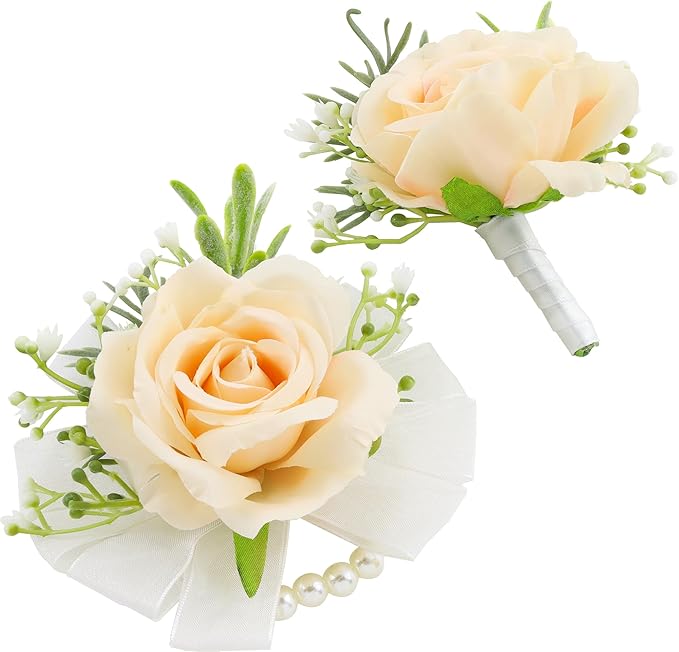 SITUMEIZI 2Pcs Champagne Corsage and Boutonniere Set,Corsage Wristlet for Prom Decor,Boutonniere for Men Wedding Flowers Accessories Party Suit Decoration