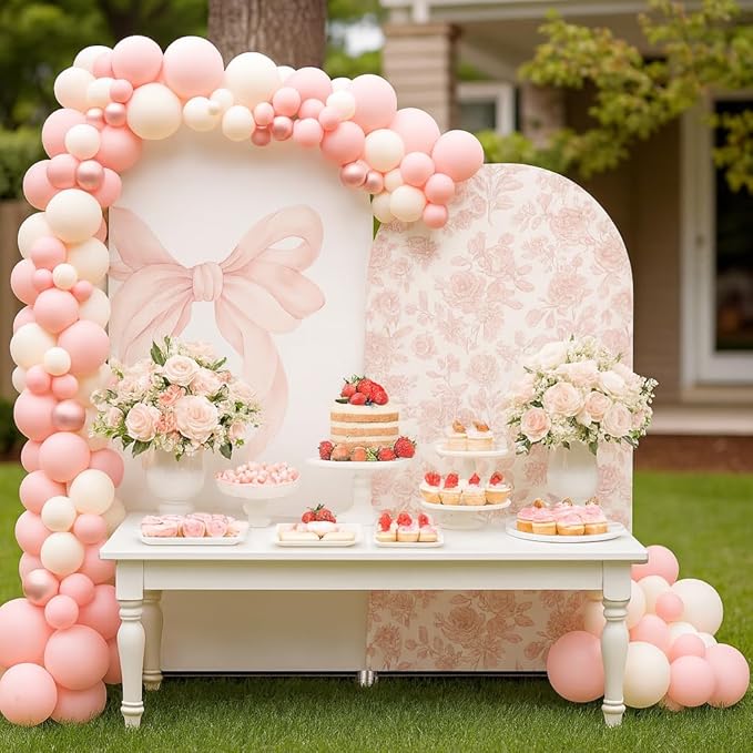 2Pcs Toile de Jouy Pink Bow and Floral Arch Backdrop Covers, Romantic French Style Spandex Arch Covers for Baby Shower, Girl Birthday, Wedding Party Decorations (5ft,4ft)