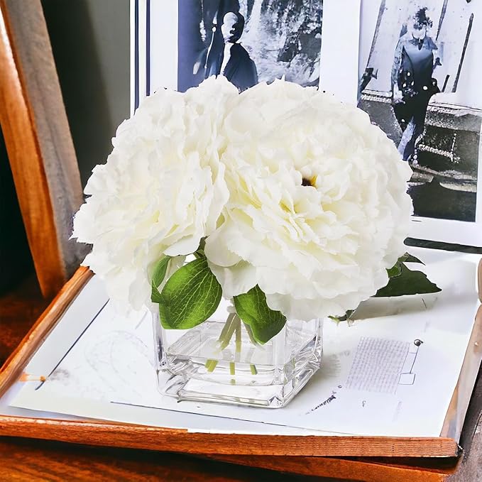 ENOVA HOME Silk Peony Flowers Arrangements in Cube Glass Vase with Faux Water for Home Table Wedding Centerpiece Decoration (Cream)