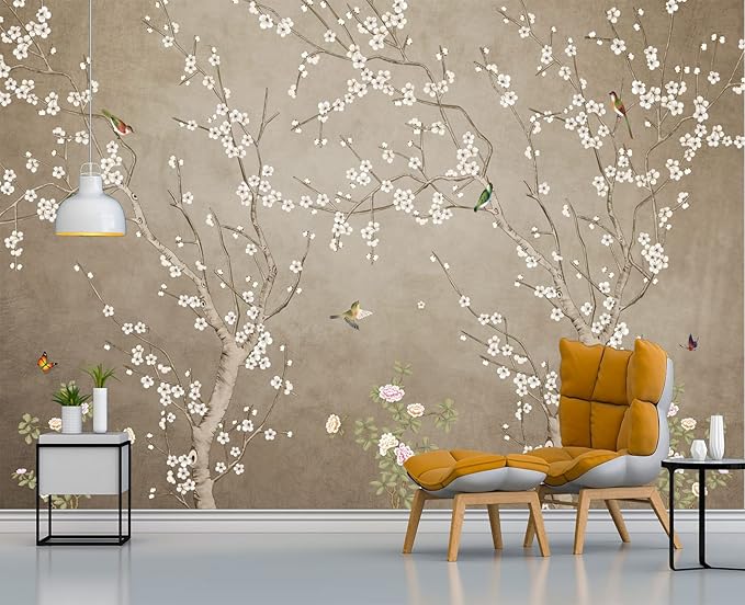 Plum Blossom Flower Bird Chinoiserie Wall Mural Wallpaper for Bedroom 137" x 100"