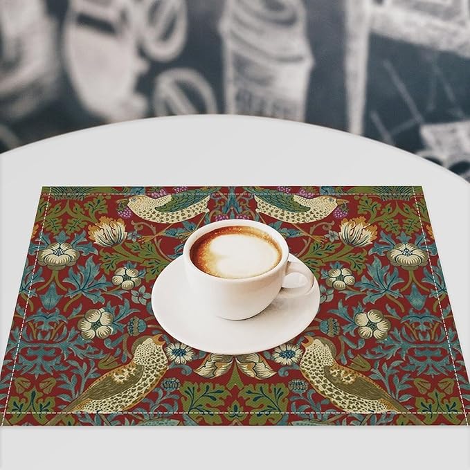 William Morris Floral Placemats Set of 6, Vintage Flower Strawberry Birds Red Place Mats, Heat Resistant Non Slip Cotton Linen Dining Table Mats for Home Kitchen Party 18x12 Inch