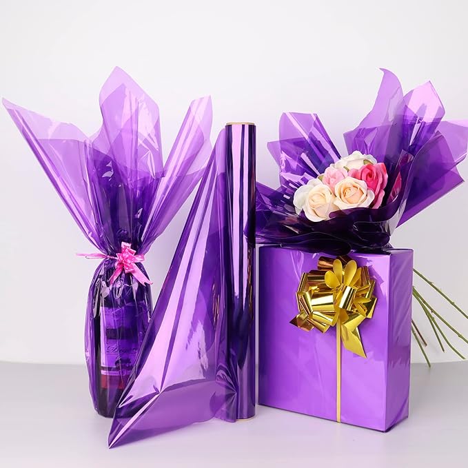 CMFYHM Iridescent Violet Cellophane Wrap Roll I 34 In Wide X 50 Ft Long I Colorful Cello Perfect For Baskets,Gifts, Treats,Birthday Holiday Wedding Floral, Party Arts Crafts Decoration (Violet)