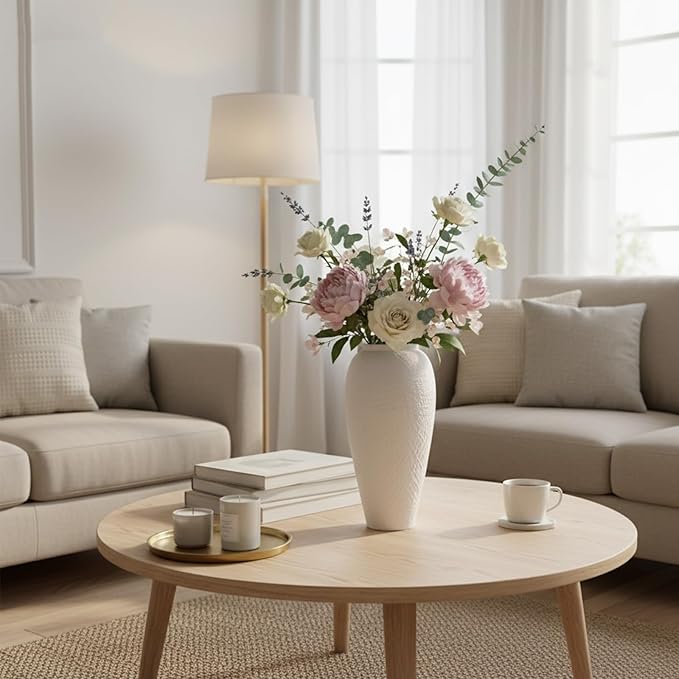 Vintage Ceramic Vase, Minimalist Texture Stone Patterned White Flower Vase, Decorative Vase for Living Room Shelf Farmhouse Dining Table Centerpiece Decor (White Texture 12.6'')