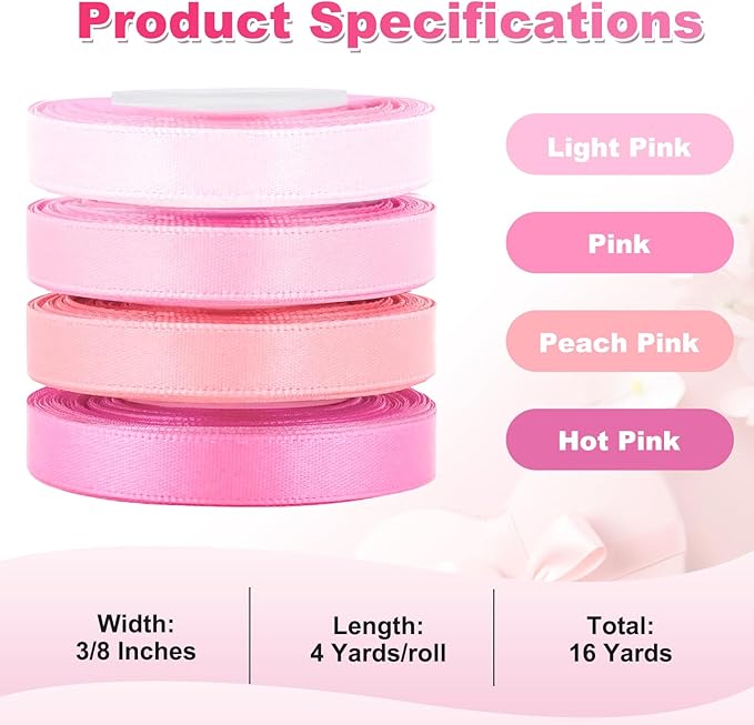 3/8 Inch Pink Ribbon 4 Rolls Total 16 Yards, Mixed Ribbon for Gift Wrapping, Wedding and Birthday Celebrations, Flower Bouquet, Craft Projects, and Christmas Bow-Making