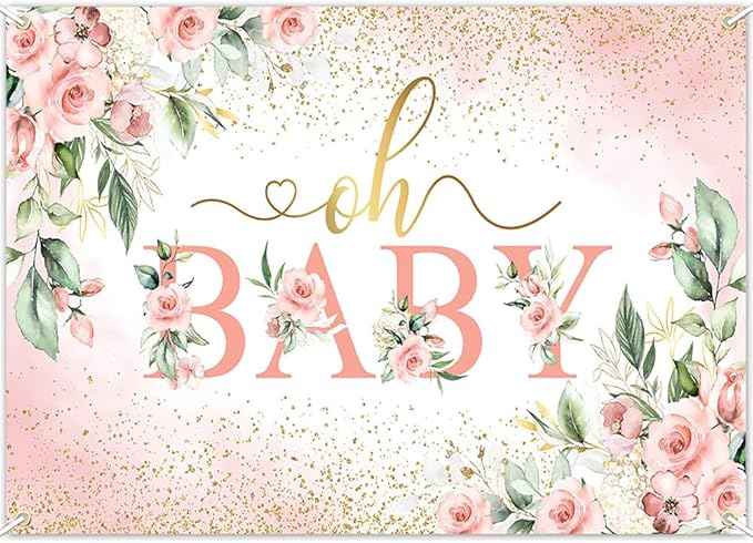 Mocsicka Oh Baby Backdrop Pink Floral Baby Shower Banner for Girls Party Decorations Photo Booth Props (Pink, 7x5ft)