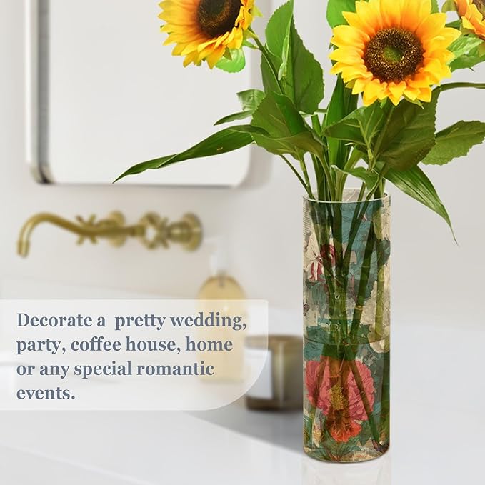 Flower Vase Clear Plastic Cylinder Vases Decor for Centerpieces Home Storage Office Weddings White Red Peonies 11.8 x 3.9 in
