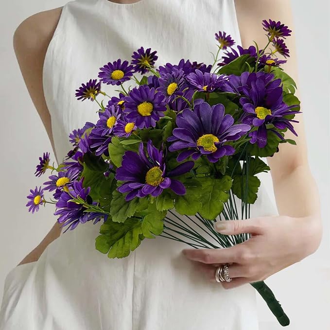 SNAIL GARDEN 54 Blooms Artificial Flower Bouquet, 15.7in Purple Artificial Daisy Flowers with 3 Sizes Blooms, Realistic Fake Wildflowers for Silk Flower Arrangements Indoor Outdoor Purple Fall Decor