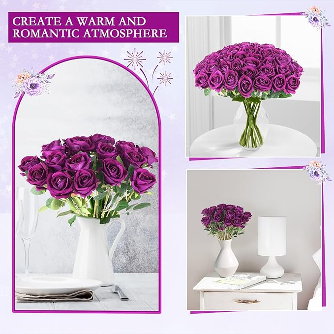 Hananona Artificial Roses in Bulk, Fake Silk Roses Realistic Roses for Wedding Centerpieces Flower Arrangement Home Decor (50, Purple)