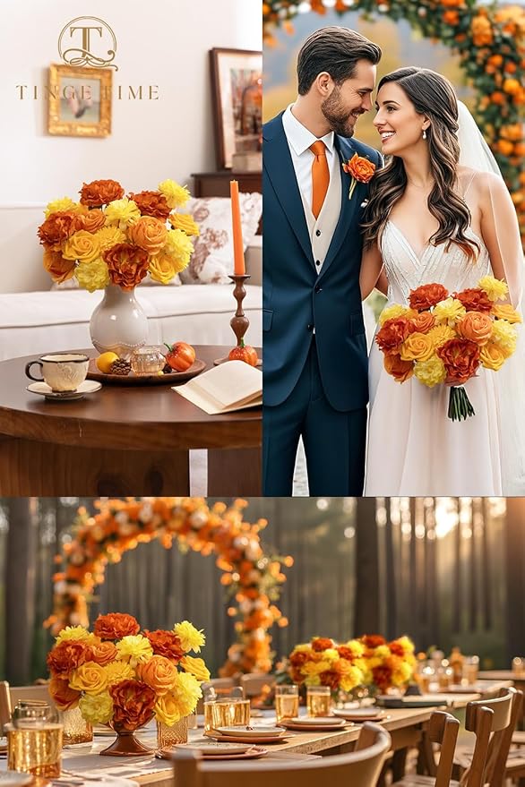 TINGE TIME Artificial Flowers Combo Set, Gradient Color Flower Leaf with Stems for DIY Wedding Bouquets Centerpieces Baby Shower Party Home Decorations(Yellow & Tangerine Orange)