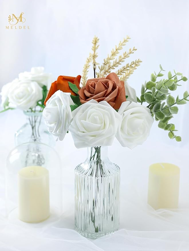 Meldel Artificial Flower 25pcs Real Touch Ivory Fake Foam Roses with Stems for DIY Wedding Bouquets Gifts White Bridal Shower Faux Floral Centerpieces Arrangements Home Party Tables Decorations