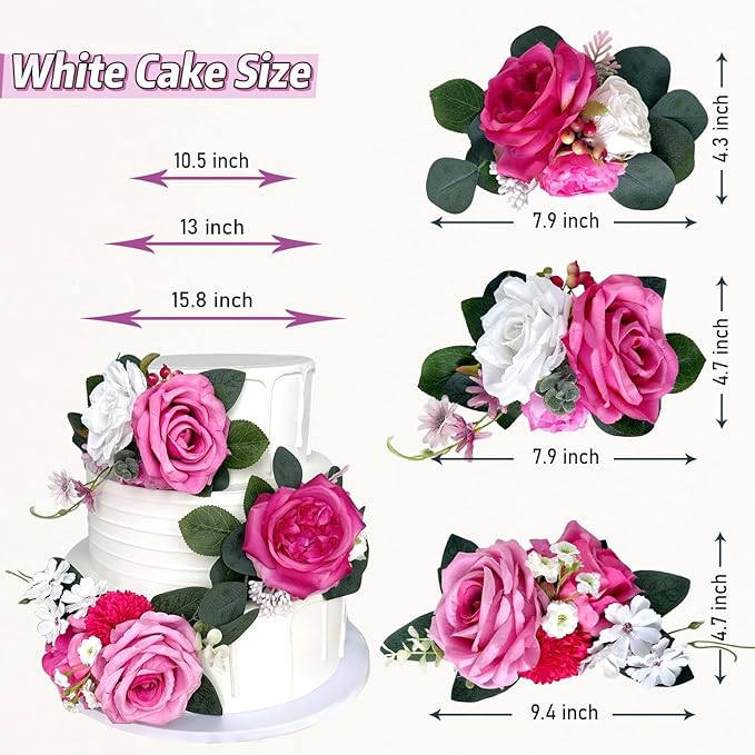 Pre-Made Hot Pink Silk Flowers for Cakes Decorations Fuchsia Light Pink Artificial Rose Peony Wedding Cake Toppers Decorating Fake Floral Anniversary Birthday Party Arrangements Table