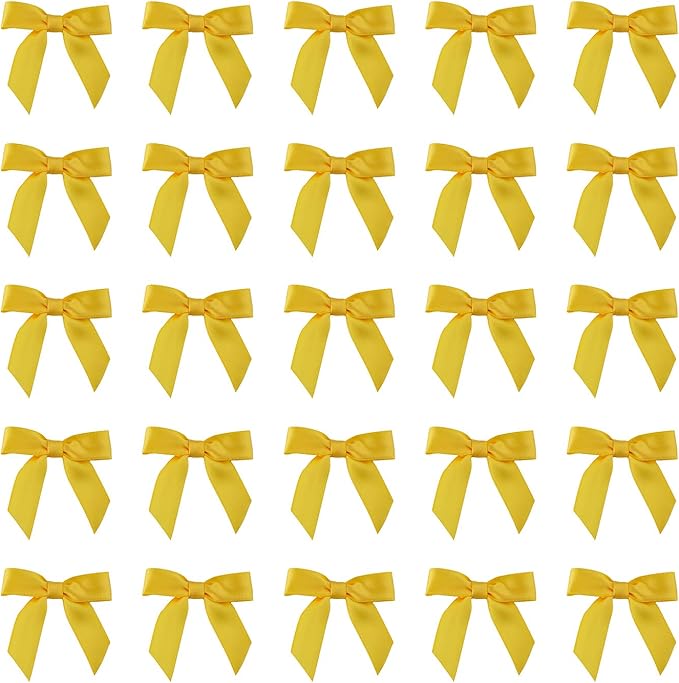 7Rainbows 50pcs Boutique 1.5" Yellow Gold Satin Ribbon Mini Bows for Craft Sewing Scrapbooking Wedding and Gift Wrapping