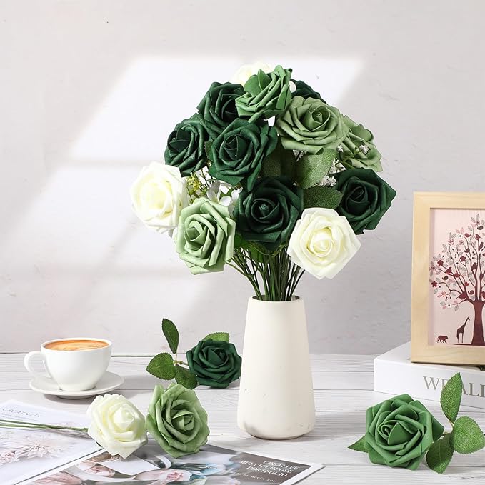 100 Pieces Artificial Foam Rose Flowers Faux Bouquet with Leaves and Stems for DIY Wedding Bouquets Centerpieces Bridal Shower Party Valentine Home Decorations(Gradient Green)