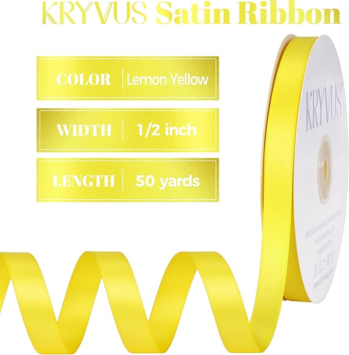 Lemon Yellow Polyester Satin Ribbon, 1/2 Inch X 50 Yards, Formal & Celebratory Occasions, Double Faced, Perfect for Gift Wrapping, Crafts, Wedding Decor