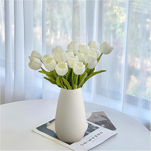 10pcs Partially Open Artificial Tulips 15.5" PU Artificial Flowers for Family Friend Gifts DIY Flower Arrangement Flowers in Home Kitchen Office Party Wedding Dining Table Decoration, White