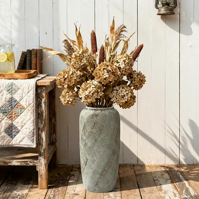 15.7 Inch Rustic Ceramic Tall Floor Vase, Slim Tapered Rustic Farmhouse Vase for Dried Stems & Pampas, Neutral Beige Decorative Vase for Living Room