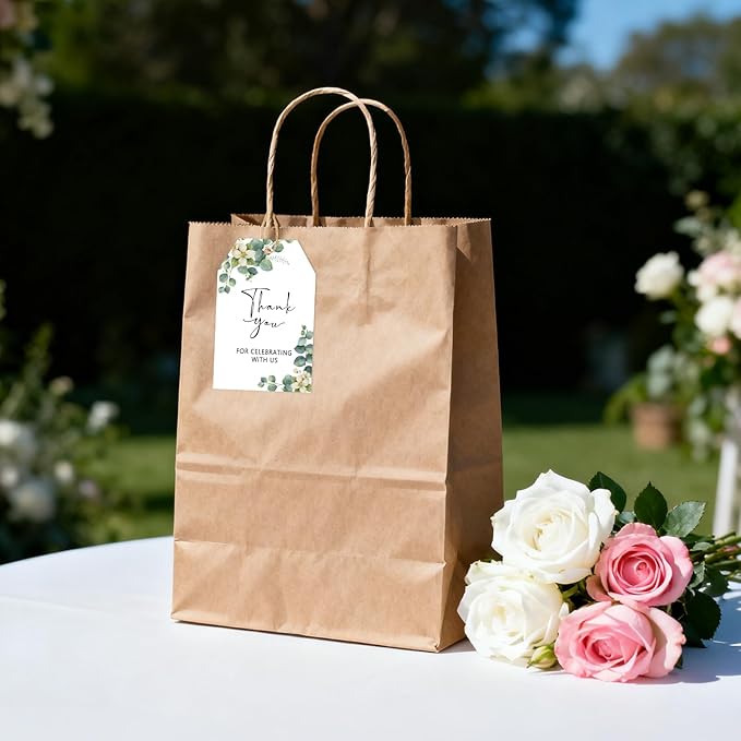 G2PLUS 50PCS Thank You Gift Tags with String, 3.3X2.2In Greenery Floral Leaves Paper Tags for Wedding Favors, Baby Shower, Bridal Shower, Party Decorations