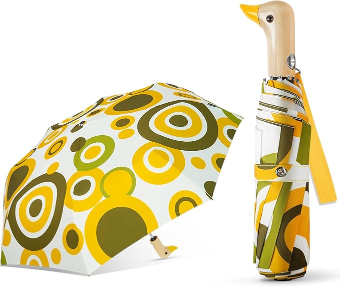 Cute Duck Umbrella Automatic - Compact Pretty Pocket Size Strong Duck Collapsible Umbrella Yellow Wooden Handle for Women