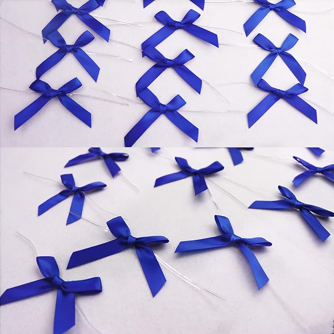 50 PCS 3 Inch Twist Bows for Treat Bags, Satin Twist Tie Bows, Pre Tied Bows with Wire, Ribbon Bows with Twist Ties for Gift Bags, Popcorn Bags, Cookie Bags, Party Favors(Royal Blue)