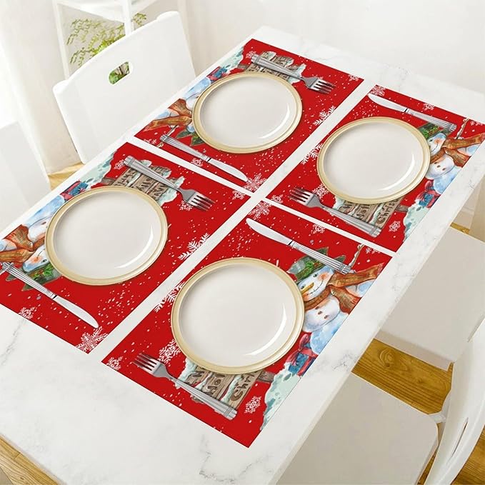 Santa Claus Placemats Red Country Farmhouse Winter Christmas Snowflake Cute Snowman Placemats Table Kitchen Dining Party 12x18 Inch Set of 6
