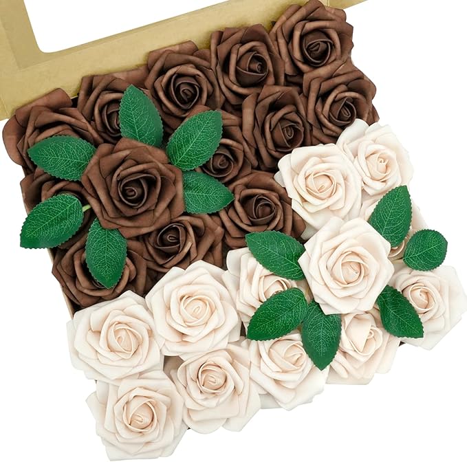 Artificial Flowers, 25pcs Brown and Tan Artificial Flower for DIY Wedding Bouquets Centerpieces Arrangements, Artificial Rose with Stem for Party Home Decorations
