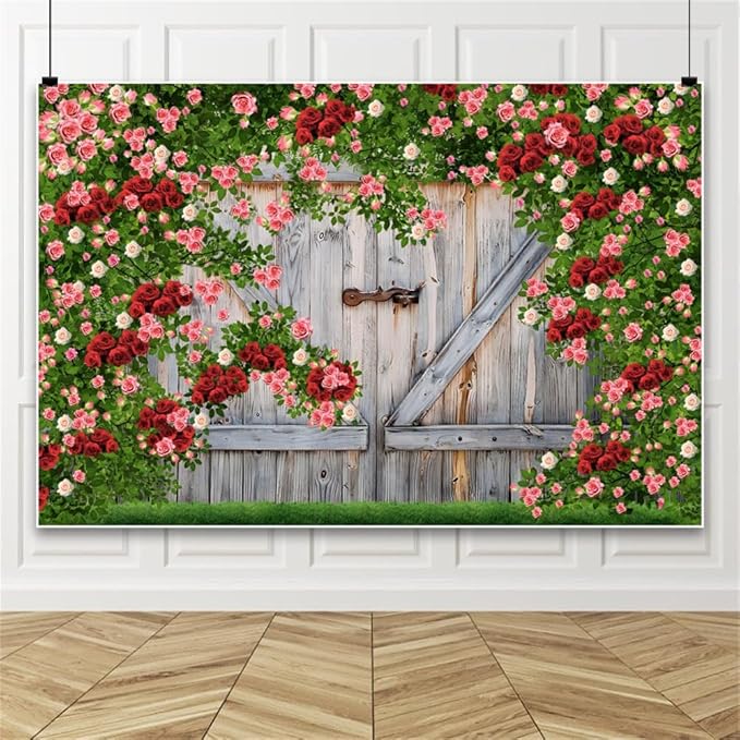 AOFOTO Barn Door Rose Backdrop Rustic Red Pink Beige Flowers Background Romantic Phtography Banner for Anniversary Wedding Decor Photo Studio Photobooth Props 10x8ft
