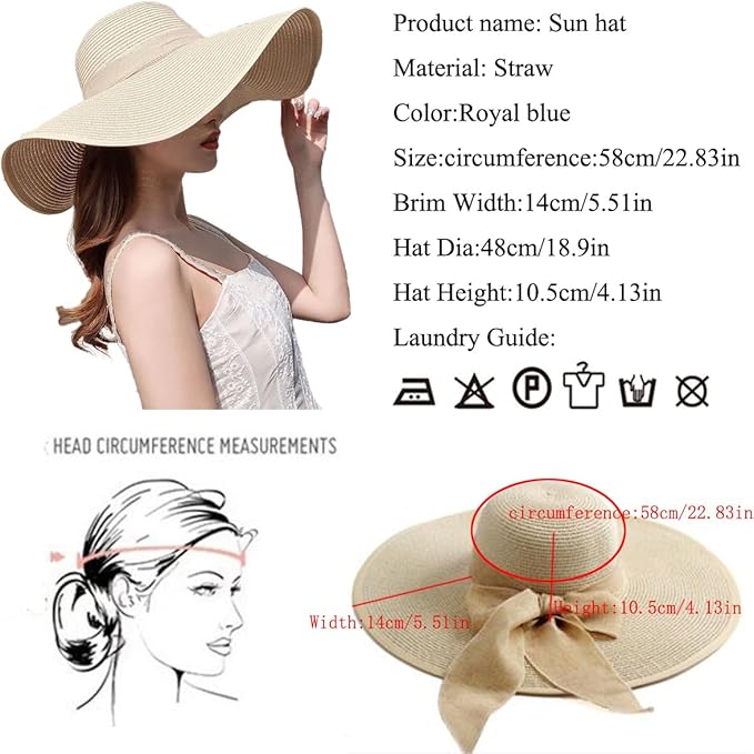 YQHMT Women Beach Sun Hats, Big Wide Brim Straw Hat for Women UPF 80+ UV Protection, Summer Hats Packable Foldable