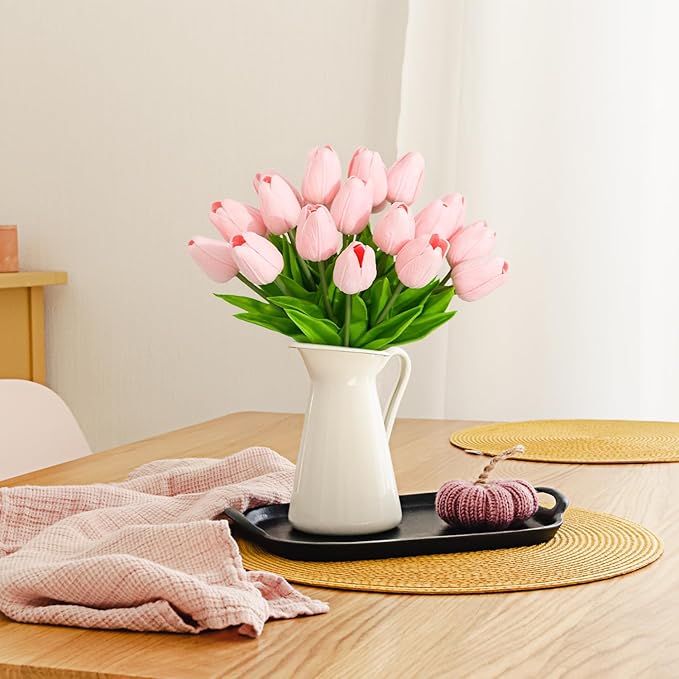 Real Touch Artificial Tulips, 20pcs Fake Tulip Flowers Stem, PU Faux Tulips 13.5” for Mother's Day, Home Decor, Wedding, Easter Valentine's Gift, Table Centerpieces, Floral Arrangements, Pink