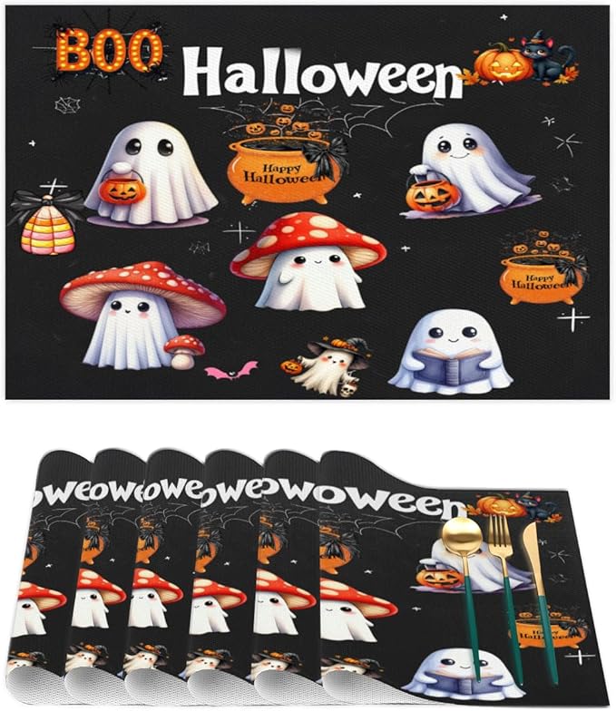 Halloween Ghosts Pumpkin Cute Placemats Set of 6 PVC Vinyl Non Slip Table Mats Heat Resistant Place Mats Washable Wipeable Dining Table Mat for Kitchen Decor Party Indoor Outdoor Decorative Gift