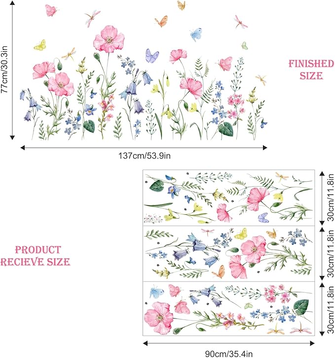 Supzone Watercolor Wildflower Wall Decals Colorful Garden Flower Grass Butterflies Wall Stickers for Girls Bedroom Living Room Home Office Wall Decor