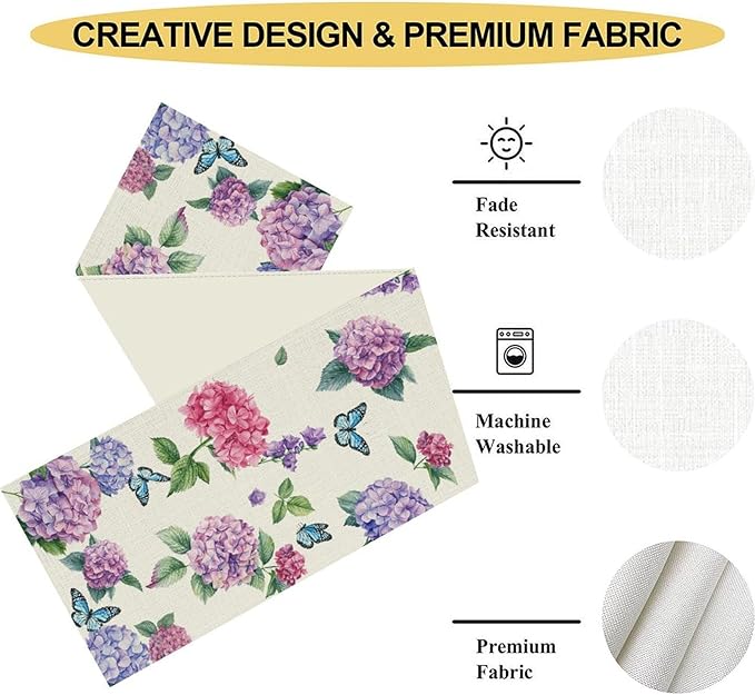 Hydrangea Table Runner, Spring Summer Watercolor Purple Floral Seasonal Country Farmhouse Coffee Coffee Table Center Decor for Home Kitchen Dining Patio Holiday Party Table Decorations 13x72 inches