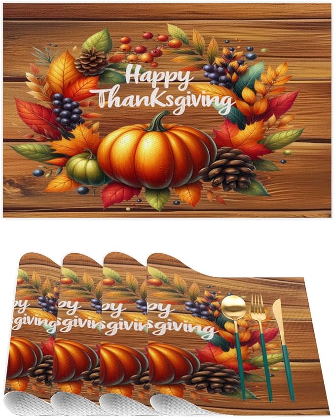 Thanksgiving Pumpkin Holiday Rainbow Placemats Set of 1 PVC Vinyl Non Slip Table Mats Heat Resistant Place Mats Washable Wipeable Dining Table Mat for Kitchen Party Indoor Outdoor Decorative Gift