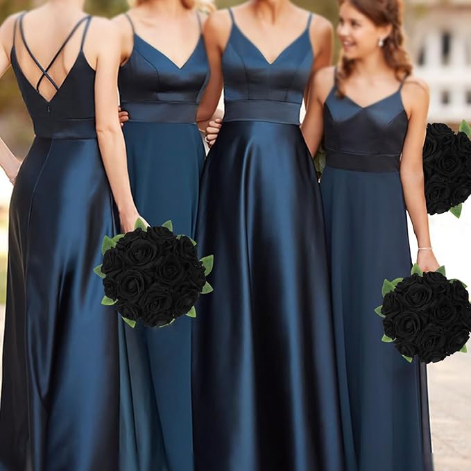 Fake Black Roses Artificial Flowers 16pcs Velvet Artificial Roses Black Flowers 3.15" Silk Roses for Bridal Bouquet Wedding Flowers for Floral Centerpieces Home Party Decor